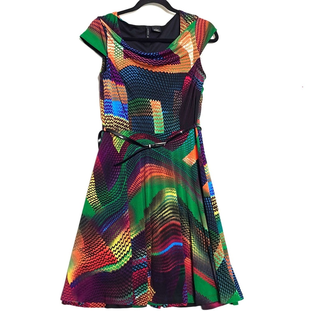 New Directions A-Line Dress S Multi‎ Color Chevron Geometric Cowl Neck Belted